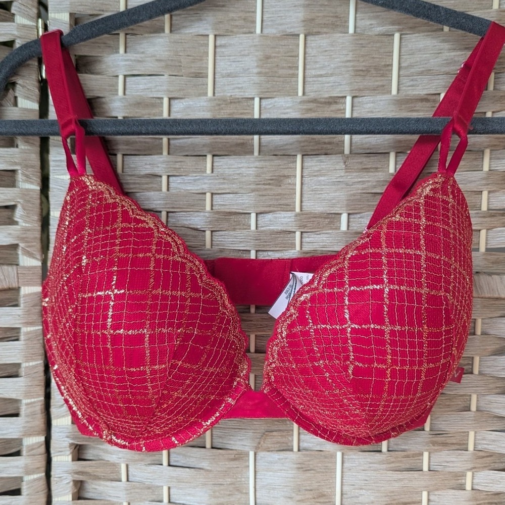 Victoria's Secret Red Gold Metallic‎ Grid Lace Trim Mesh Back Push-Up Bra 34DDD
